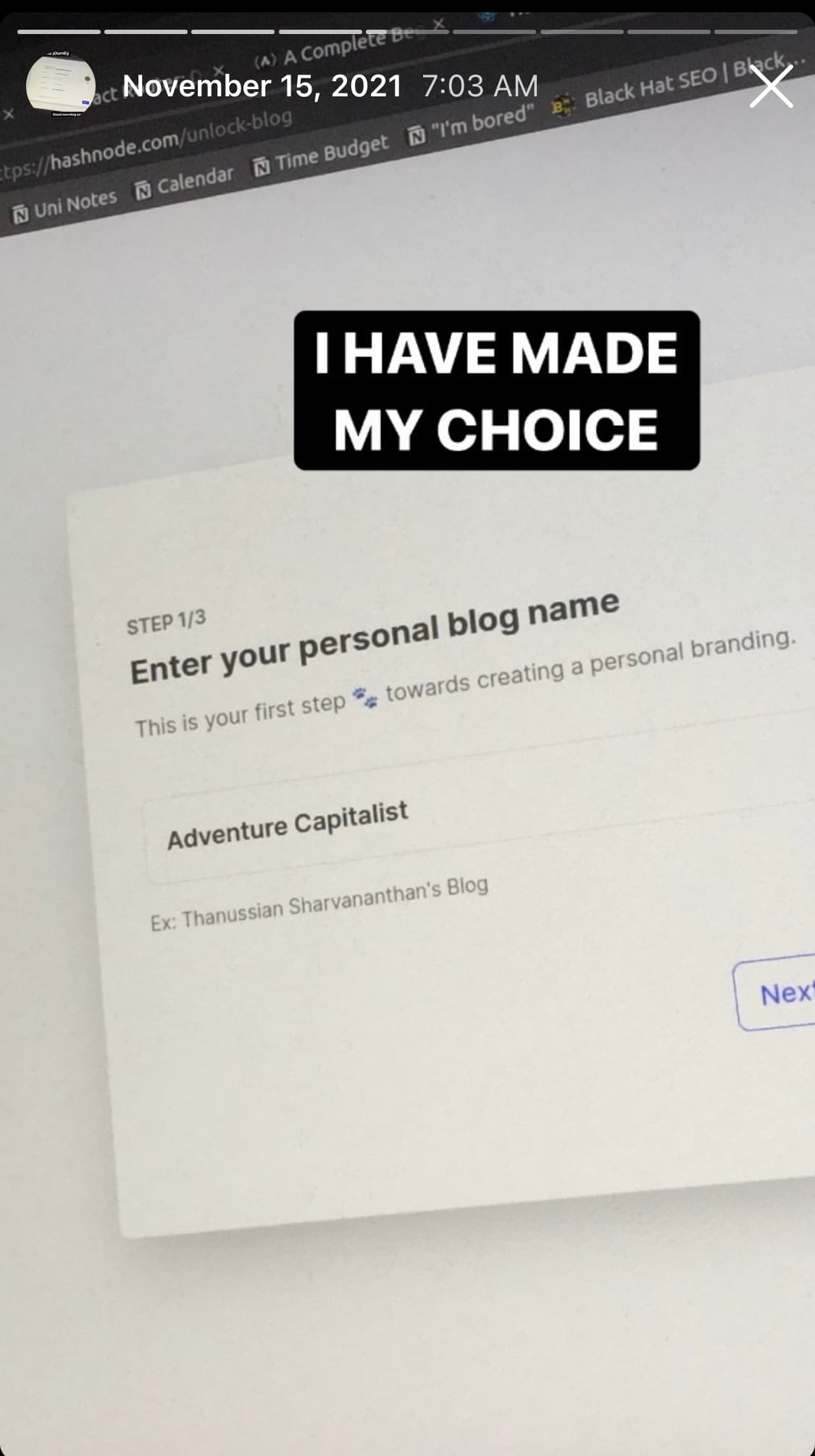 An Instagram story showing me name an older blog Adventure Capitalist